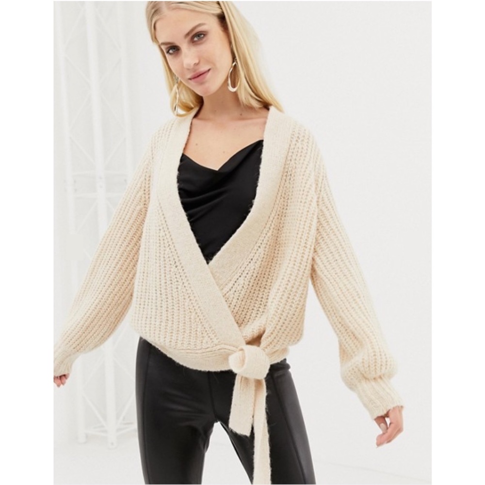 Wool Mix Wrap Cardigan, Beige